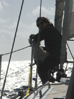 Siobhán stitching on the portside baggywrinkle